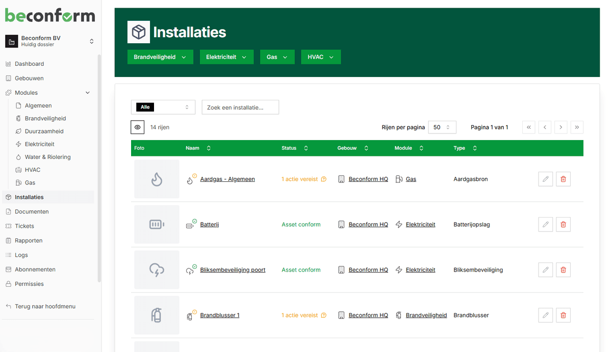 Beconform dashboard met installaties en modules